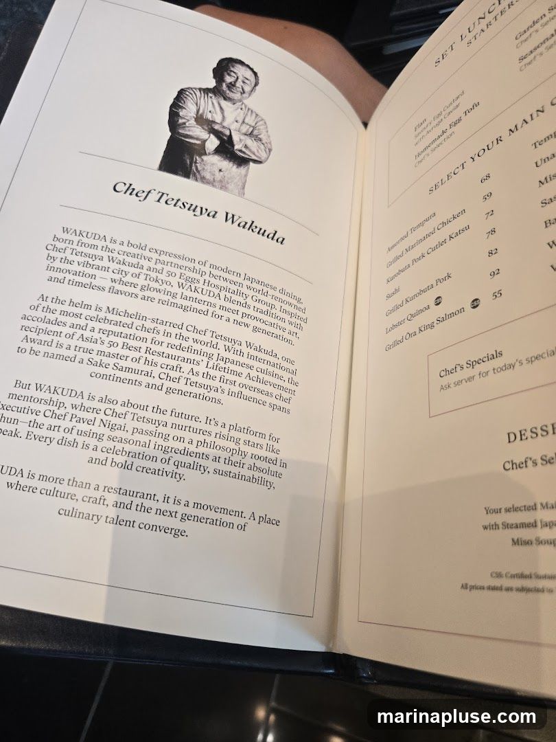 A menu featuring dishes from Chef Tetsuya Wakuda, highlighting his philosophy and culinary approach.