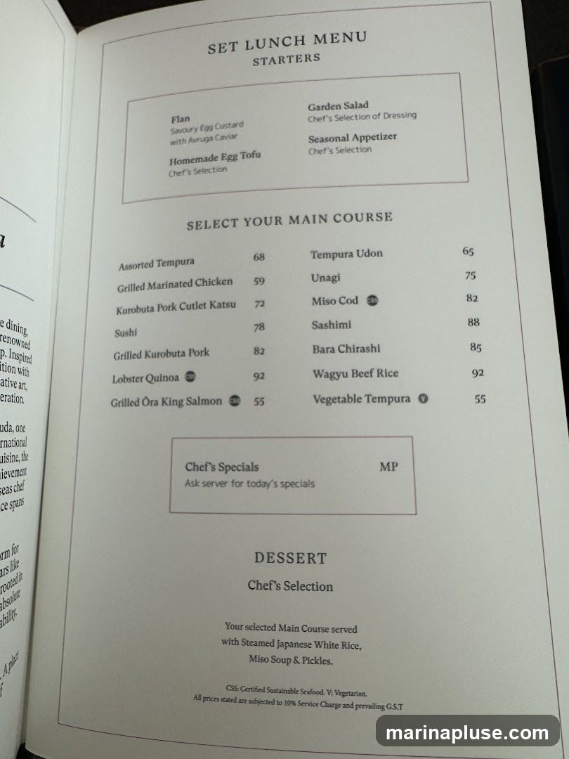 A set lunch menu with starters, main courses, and dessert.