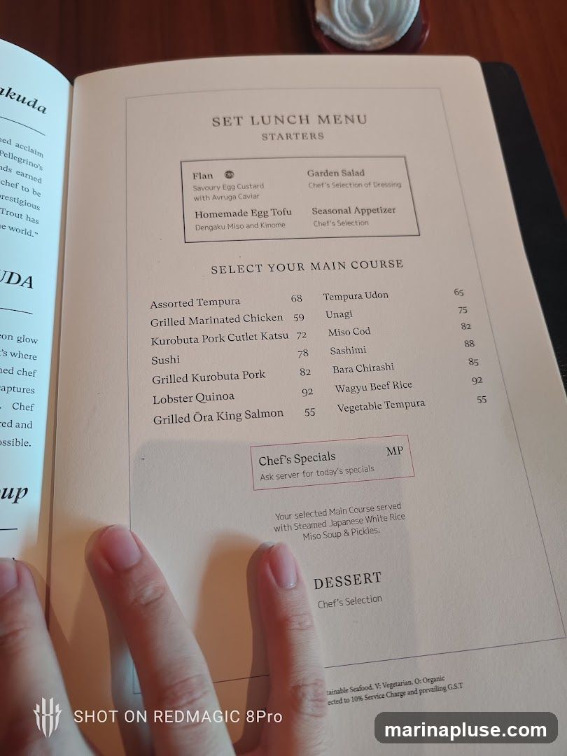 A set lunch menu with starters, main courses, and dessert options.