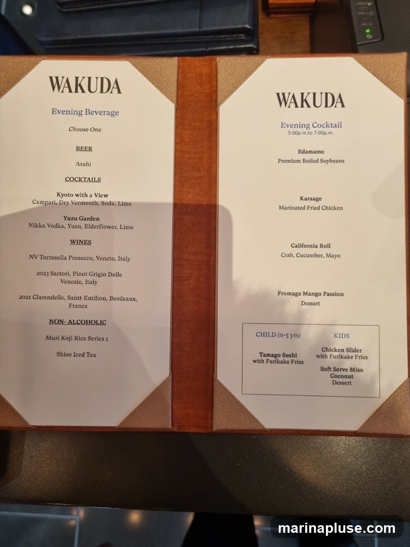 A menu from Wakuda featuring evening beverages, cocktails, wines, non-alcoholic drinks, and kids' meals.