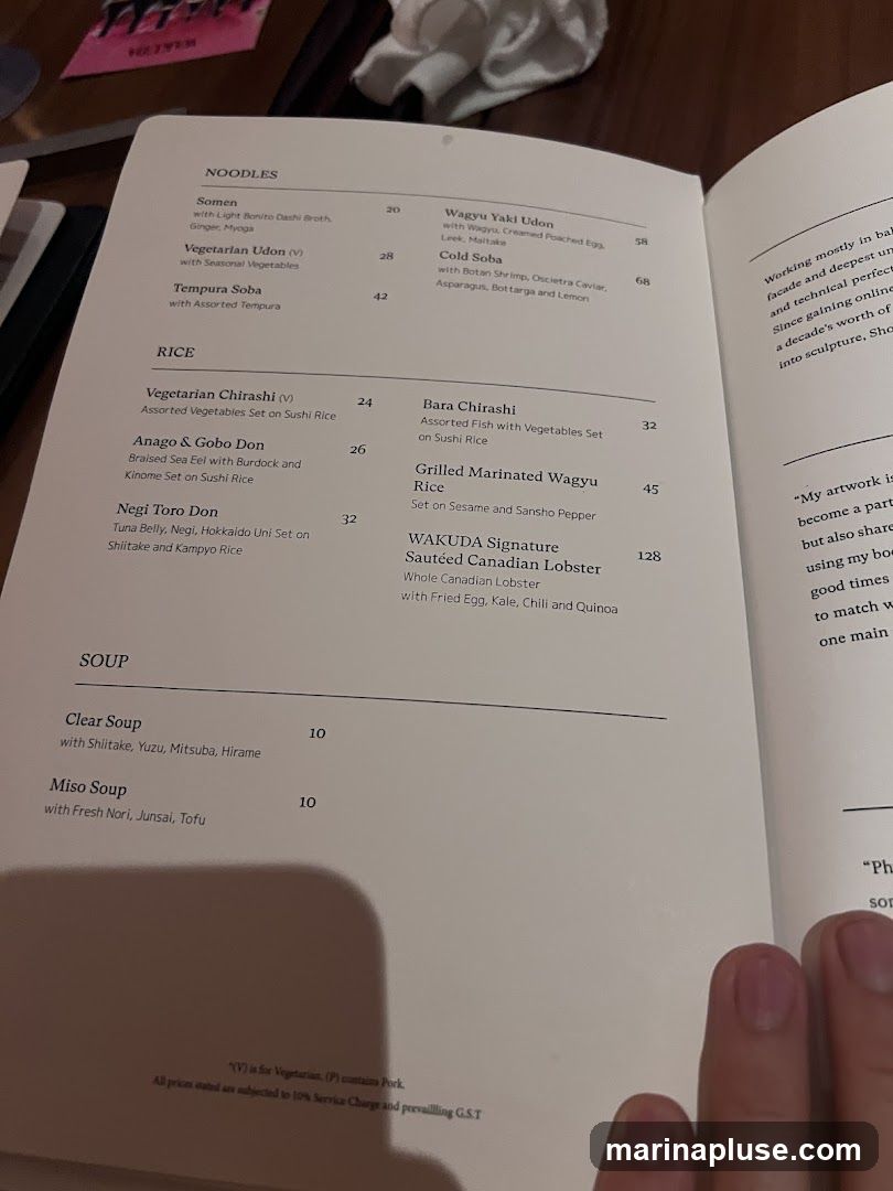 A menu with sections for Noodles, Rice, and Soup.