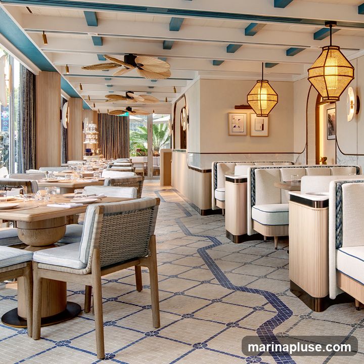 A well-lit and elegantly designed restaurant interior with a focus on natural materials and a coastal-inspired aesthetic. The space features wooden tables set with white tableware, comfortable seating with upholstered cushions, and woven chairs. The ceiling is adorned with exposed wooden beams and decorative fans, while unique pendant lights cast a warm glow. The floor is tiled with a mosaic pattern in beige and blue. Booths line one side of the dining area, offering a more intimate seating option. Large windows allow natural light to flood the space, and glimpses of greenery can be seen outside.