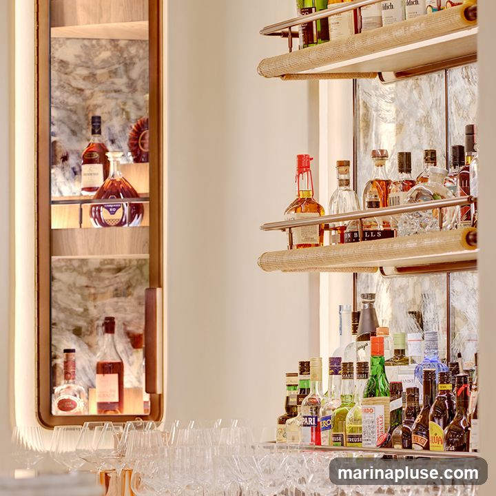 A well-lit bar display featuring various bottles of liquor and spirits on shelves. A mirrored cabinet on the left showcases more bottles, including what appears to be Hennessy. In the foreground, a row of clean wine glasses is neatly arranged. The overall aesthetic suggests a sophisticated establishment.