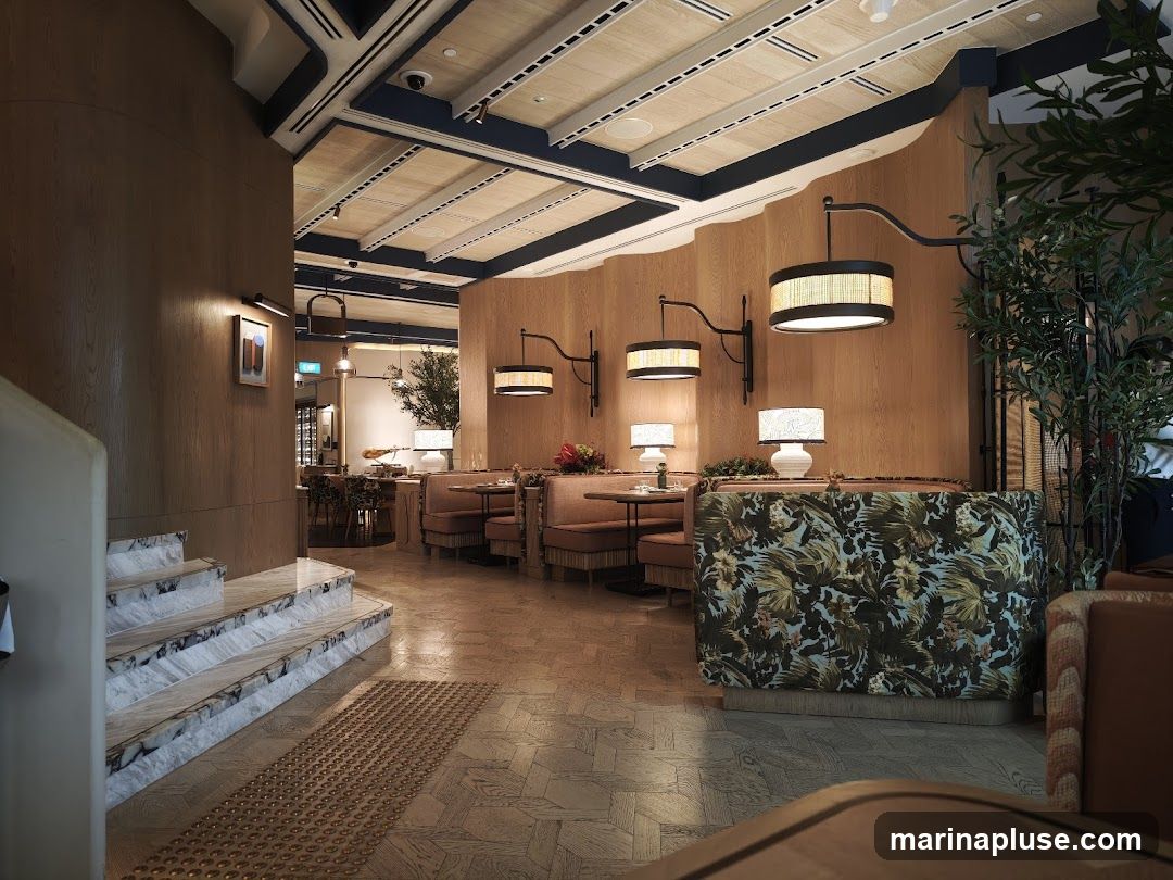 The interior of a restaurant with wood-paneled walls, upholstered booths with tropical-themed fabric, and modern pendant lights. A marble staircase is visible on the left, leading up to a landing. The flooring is a patterned wood.