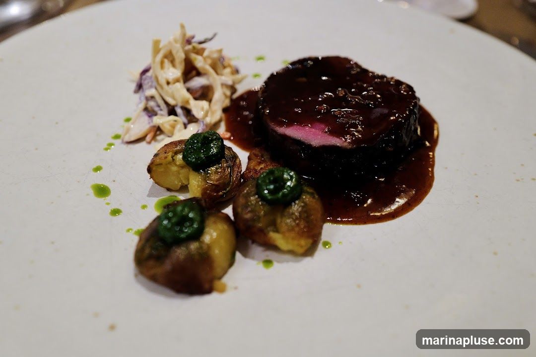 A close-up shot of a steak dish served on a white plate. The steak is sliced and covered in a dark sauce. It is accompanied by roasted potatoes topped with green sauce and a side of coleslaw.