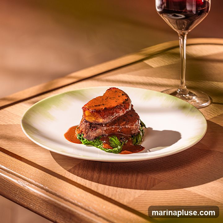 A gourmet dish featuring a steak topped with foie gras, served on a bed of greens and drizzled with a rich red sauce. A glass of red wine is visible in the background, suggesting a fine dining experience. The meal is presented on a white plate with a light green rim, set on a wooden table with dramatic lighting.