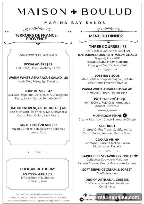 Menu for Maison Boulud at Marina Bay Sands, featuring Terroirs de France: Provence and Dinner Menu options.
