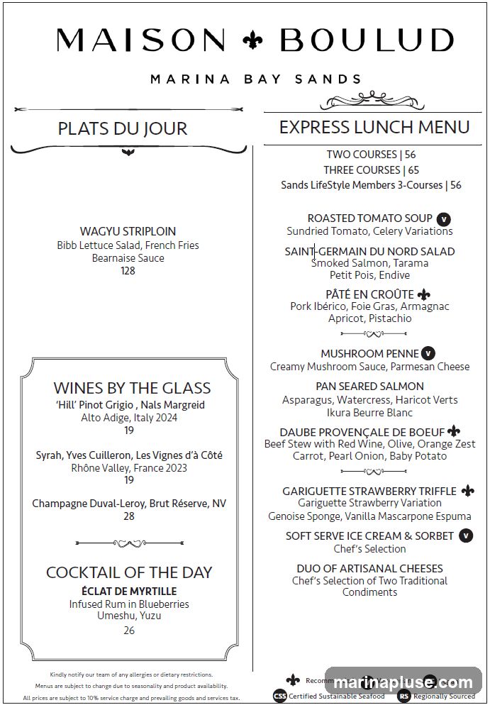 Menu for Maison Boulud at Marina Bay Sands, featuring Plats du Jour, Wines by the Glass, Cocktail of the Day, and Express Lunch options.