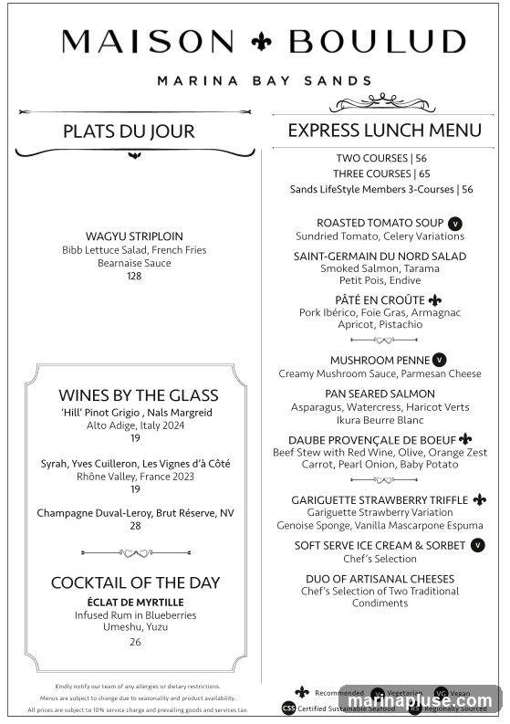 Menu for Maison Boulud at Marina Bay Sands, featuring 'Plats du Jour', 'Wines by the Glass', 'Cocktail of the Day', and 'Express Lunch Menu' options.
