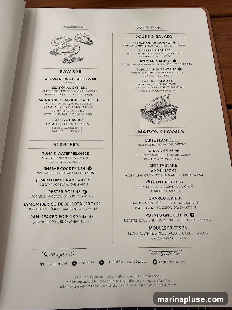 A menu with sections for Raw Bar, Starters, Soups & Salads, and Maison Classics.