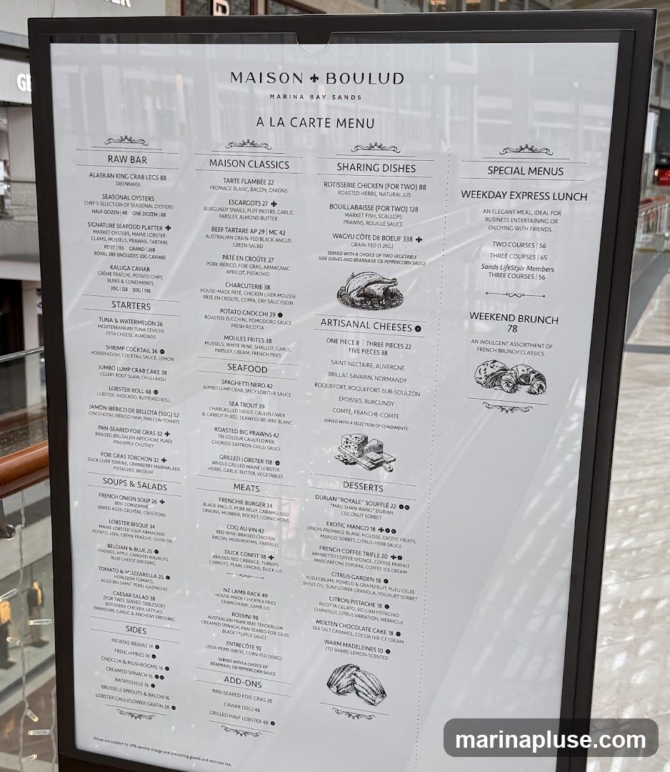 A la carte menu with sections for Raw Bar, Maison Classics, Sharing Dishes, Special Menus, Starters, Artisanal Cheeses, Seafood, Meats, Desserts, Soups & Salads, Sides, and Add-ons.