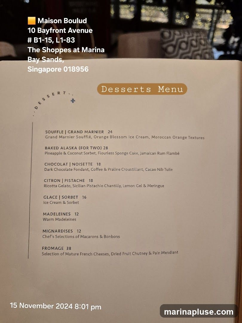 Dessert menu from Maison Boulud at The Shoppes at Marina Bay Sands, Singapore.