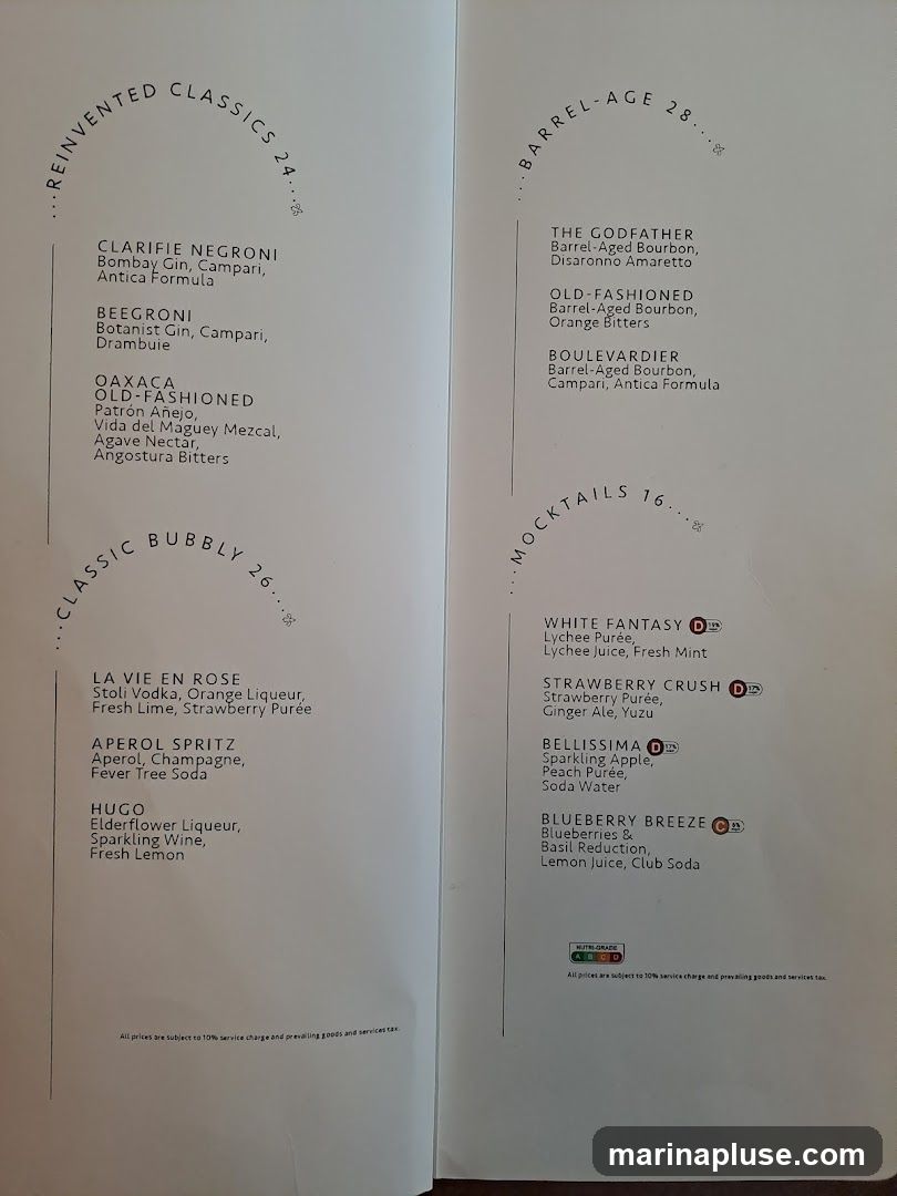 A menu featuring reinvented classics, barrel-aged cocktails, classic bubbly drinks, and mocktails.