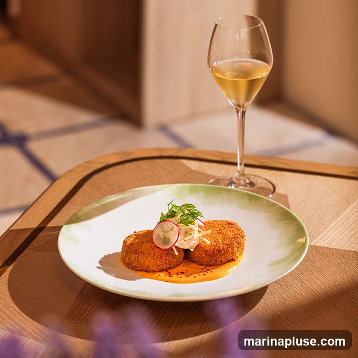 Two golden-brown crab cakes are served on a white plate with a green rim, garnished with shredded cabbage, radish slices, and parsley. A spicy orange sauce is drizzled around the cakes. A glass of white wine is placed behind the plate on a wooden table. The background is softly lit and out of focus.