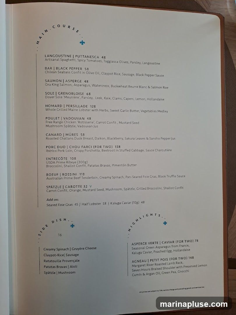 Menu featuring main courses, side dishes, and highlights.