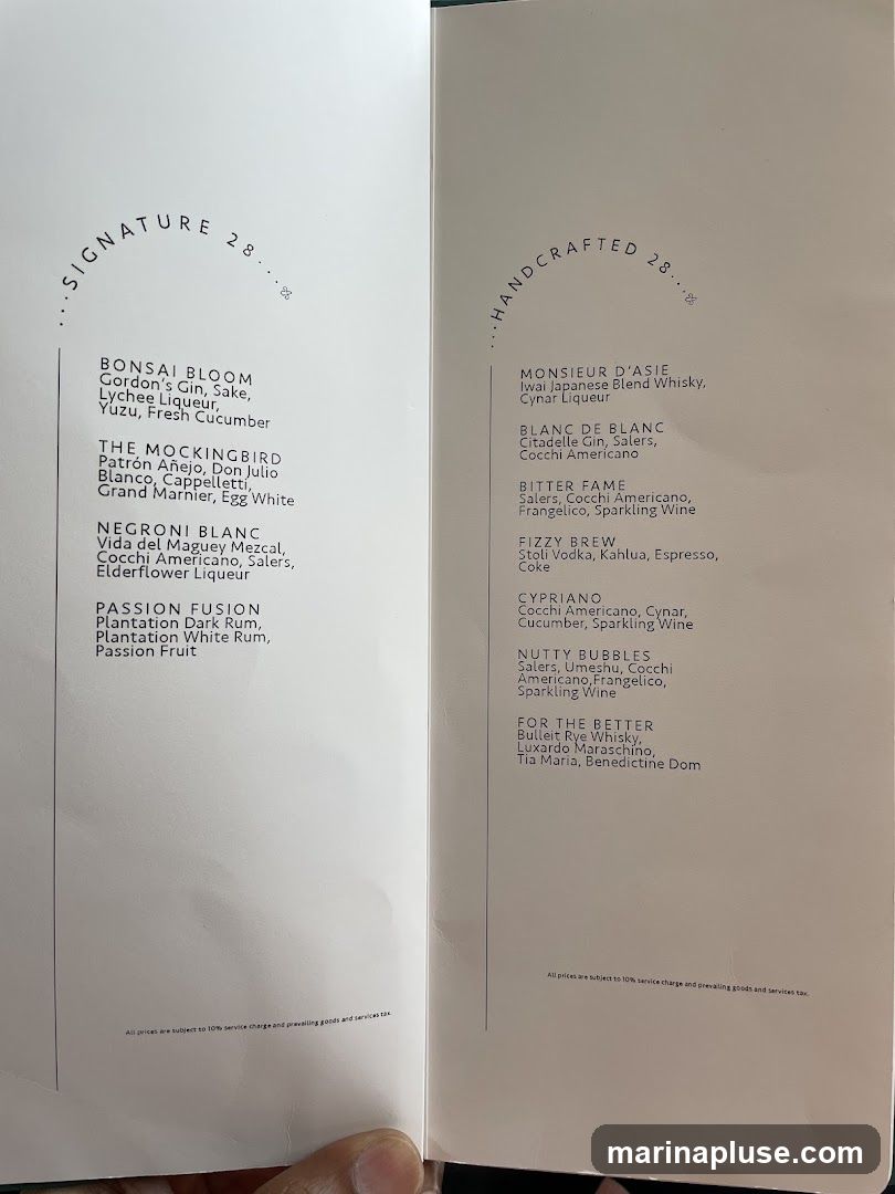 A menu featuring signature and handcrafted cocktails with their ingredients.