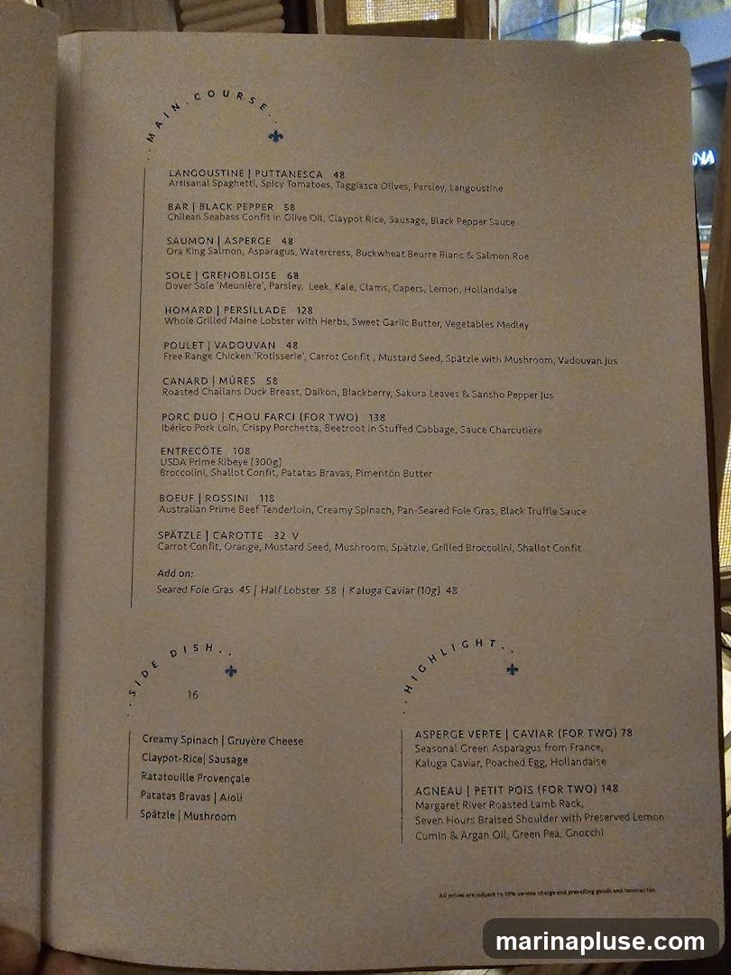 A menu with main courses, side dishes, and highlights.