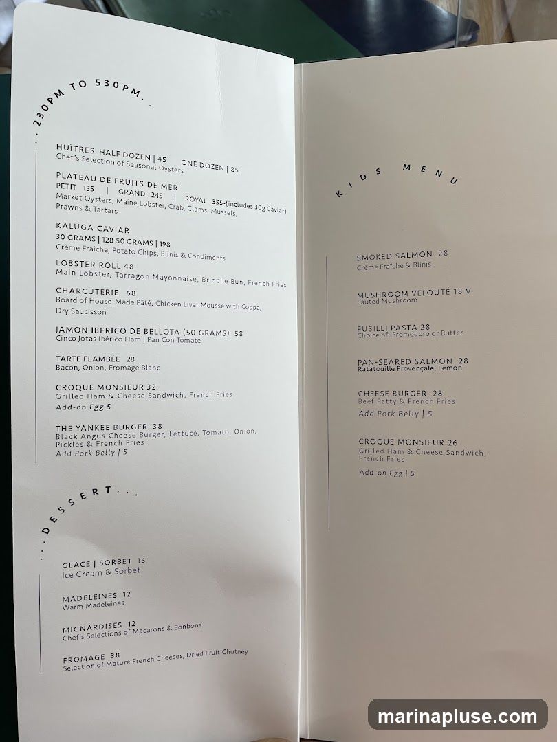 A menu with two sections: one for 2:30 PM to 5:30 PM and a Kids Menu.