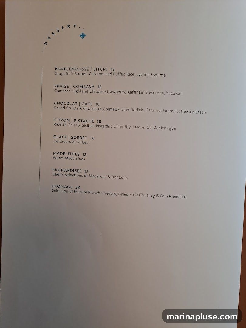 A dessert menu with various sweet options.