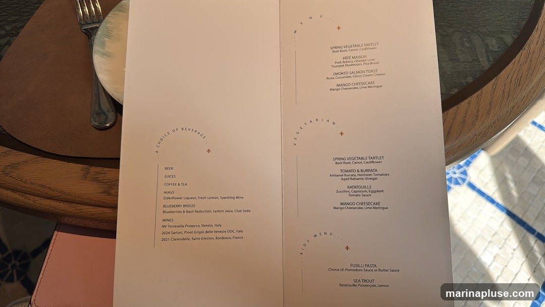 A menu with beverage and food options.