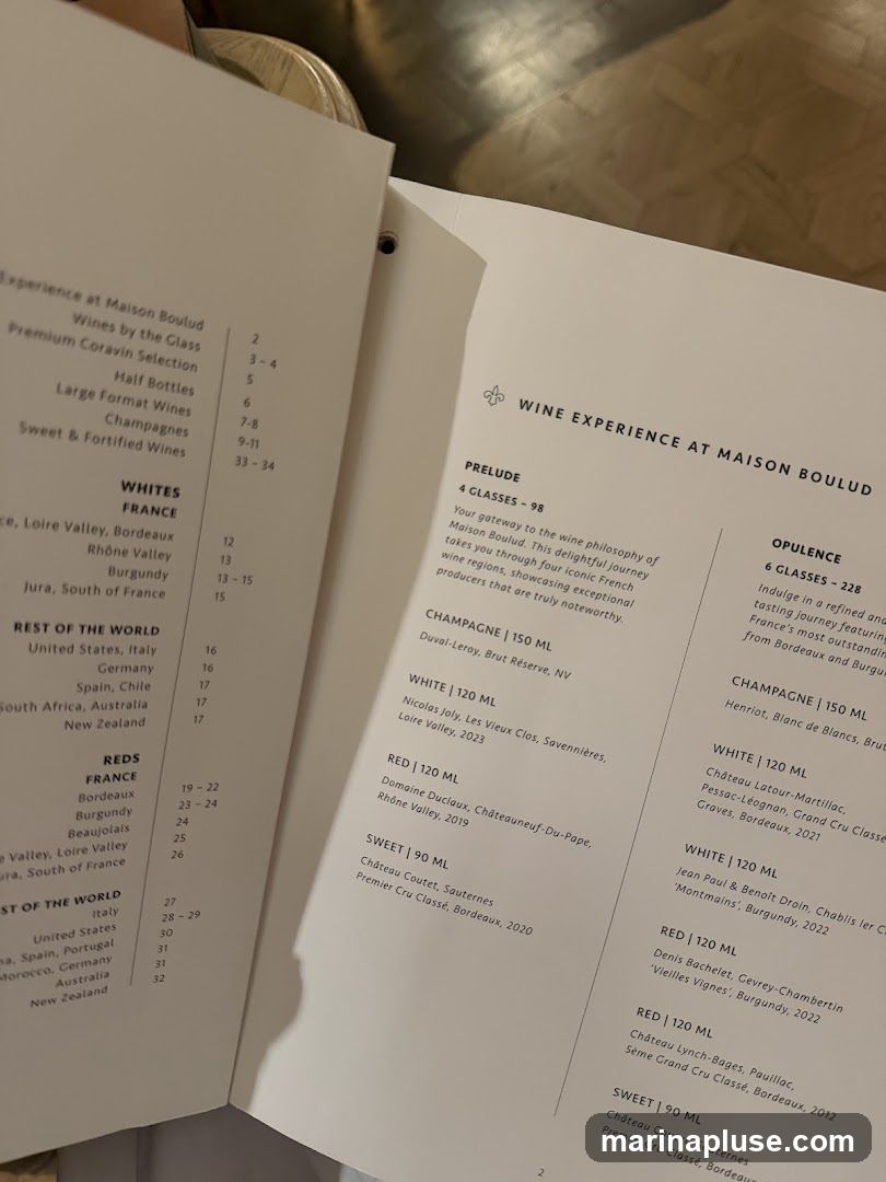 A menu detailing wine experiences and selections.