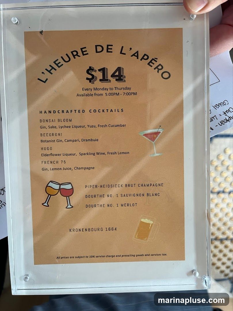 Happy hour menu available Monday to Thursday from 5:00 PM to 7:00 PM. All prices are subject to a 10% service charge and prevailing goods and services tax.