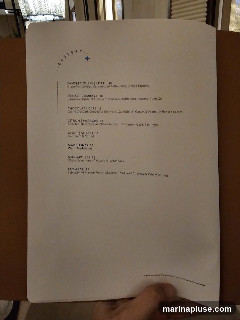 A dessert menu with various sweet options.
