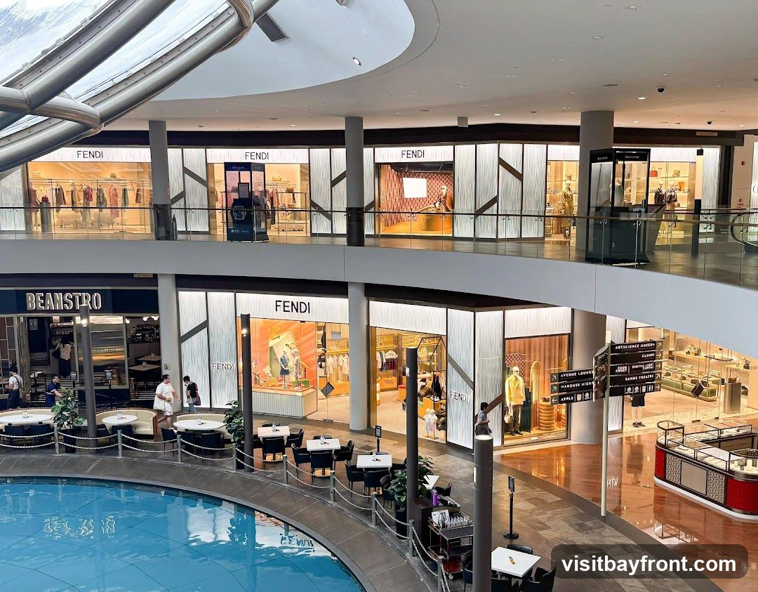 A view of a multi-level shopping mall interior. On the lower level, there is a cafe called Beanstro with outdoor seating around a circular pool. Adjacent to Beanstro are several Fendi stores, showcasing clothing and accessories in their display windows. On the upper level, more Fendi stores are visible, along with other retail spaces. Signage for various attractions like ArtScience Museum, Casino, and Sands Theatre is also present.