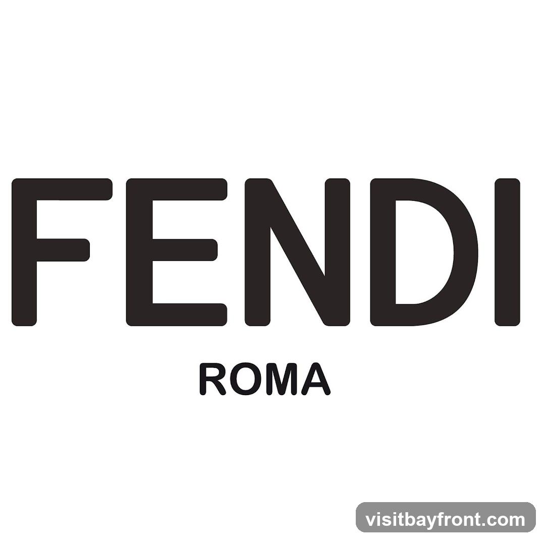 The image displays the FENDI ROMA logo in large, bold, black sans-serif font against a white background. The word "FENDI" is prominently displayed across the top, with "ROMA" centered beneath it in a smaller font.