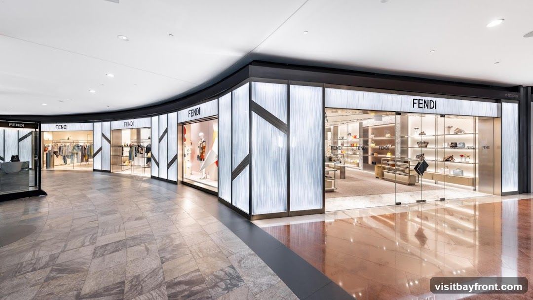 A wide shot of a Fendi store in a modern shopping mall. The storefront features large glass windows displaying merchandise and mannequins. The Fendi logo is prominently displayed above the entrance. The interior of the store is visible, showcasing shelves stocked with handbags and accessories. The floor is polished and reflects the store's lighting.