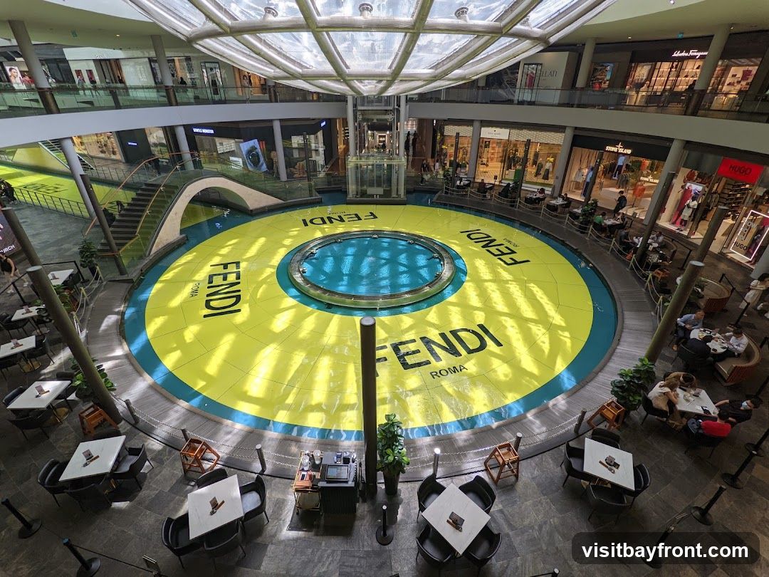 An aerial view of a modern indoor shopping mall atrium. A large circular pool in the center features a bright yellow base with the Fendi Roma logo prominently displayed. Surrounding the pool are multiple levels of shops and walkways, with people seated at tables in cafe areas. The mall has a contemporary design with a glass ceiling allowing natural light to filter in.