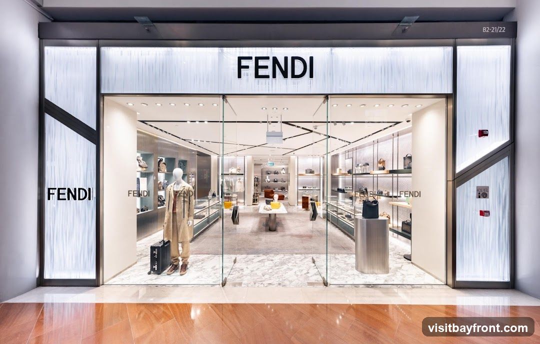 A well-lit, modern Fendi store entrance with large glass doors and windows. The Fendi logo is prominently displayed above the entrance and on the glass panels. Inside, mannequins display clothing and accessories, and shelves are stocked with handbags and other luxury items. The store interior features marble flooring and sleek display cases.