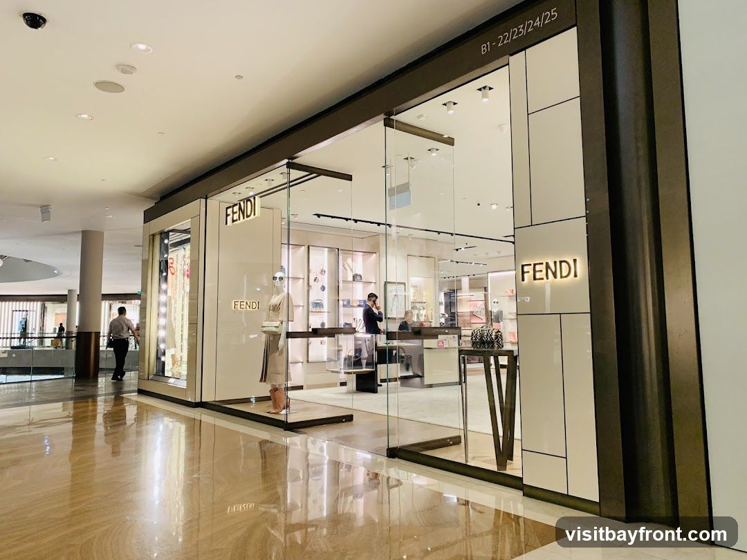 The exterior of a Fendi store in a mall. The storefront features large glass windows and doors, with the Fendi logo prominently displayed in illuminated lettering. Inside, merchandise such as handbags and clothing are displayed on shelves and mannequins. The floor is polished and reflects the store's interior and the surrounding mall environment.
