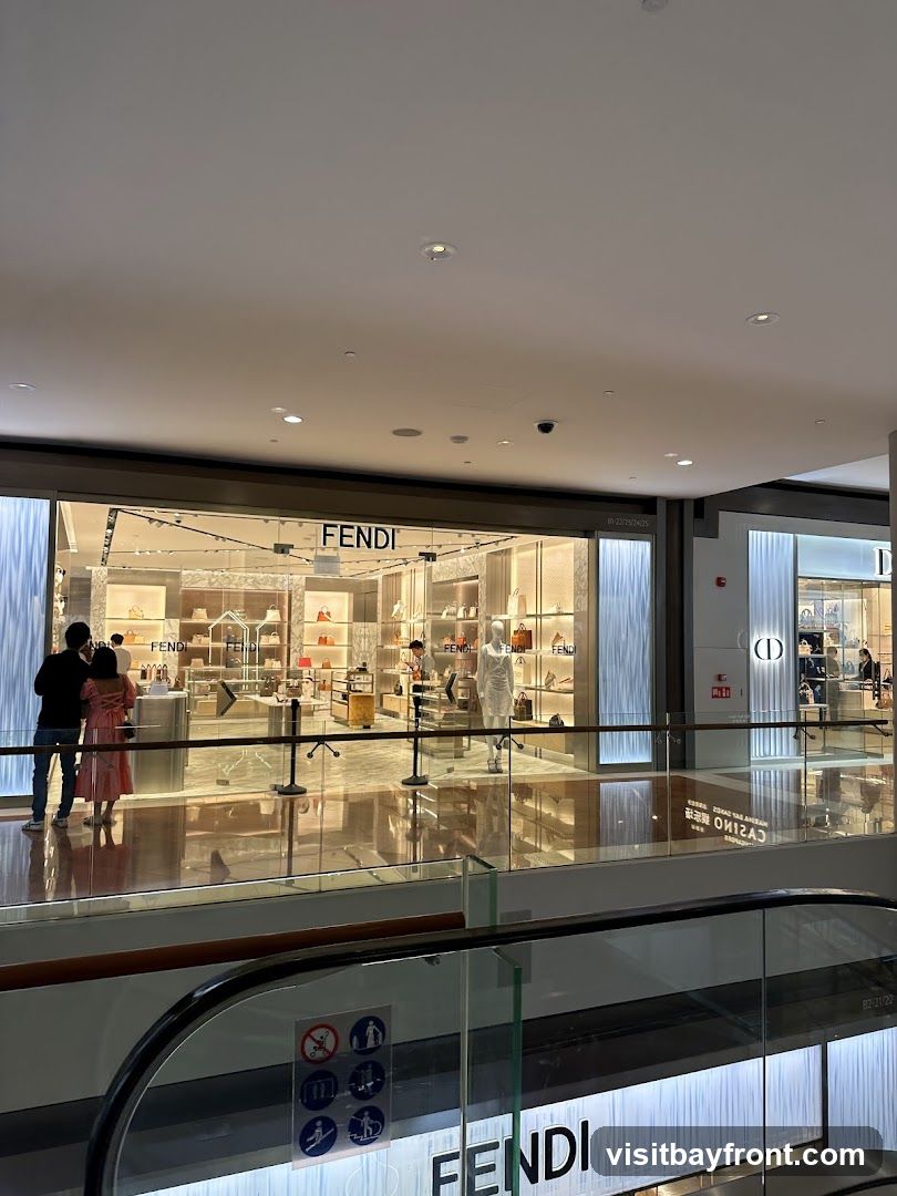 The image shows the storefront of a Fendi store within a shopping mall. The Fendi logo is prominently displayed above the entrance. Inside, handbags and other merchandise are displayed on shelves and in glass cases. Mannequins are also visible. The store has a modern and luxurious aesthetic with bright lighting and reflective surfaces. Another store, possibly Dior, is visible next door.