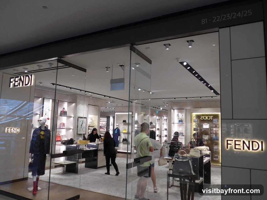 A well-lit Fendi store with a glass facade. Mannequins display clothing and accessories. Inside, shelves are stocked with handbags and other luxury items. Several customers and staff members are visible. The Fendi logo is prominently displayed on the exterior.