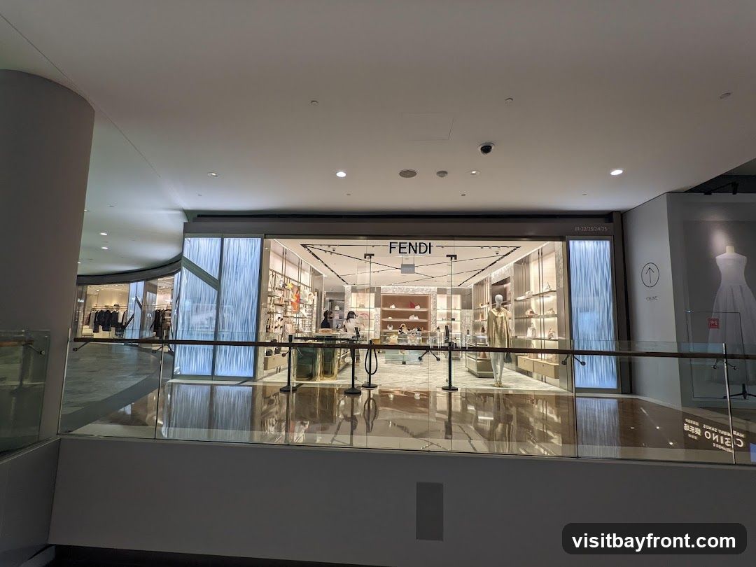 The exterior of a Fendi store in a mall. The store has a large glass facade with the Fendi logo prominently displayed above the entrance. Inside, merchandise is displayed on shelves and mannequins. To the right of the Fendi store, a Celine advertisement featuring a white dress on a mannequin is visible.