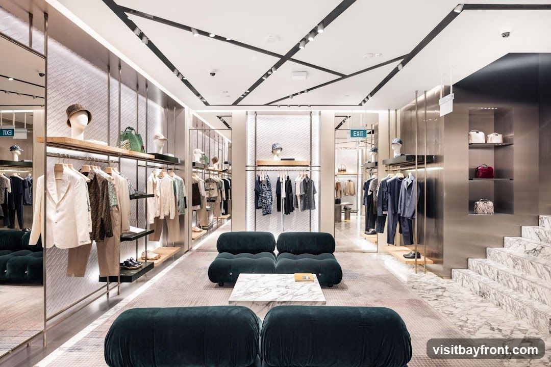A well-lit, modern luxury clothing store interior featuring racks of men's and women's apparel, including suits, shirts, and dresses. Mannequins display hats and accessories. The store has plush seating areas with marble-topped coffee tables and a marble staircase leading to an upper level. The decor is sleek and minimalist, with metallic accents and geometric ceiling lighting.