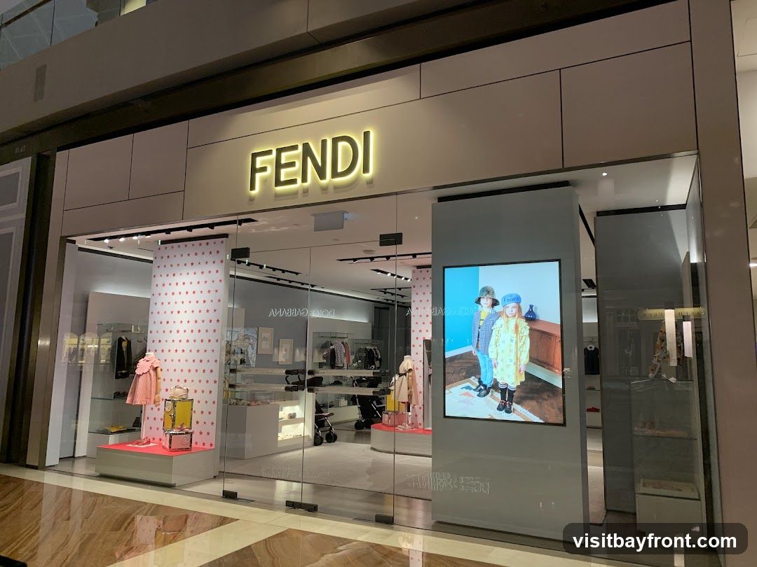 The exterior of a Fendi store with the Fendi logo prominently displayed above the entrance. The store features large glass windows showcasing children's clothing and accessories. A digital screen displays an image of two children.