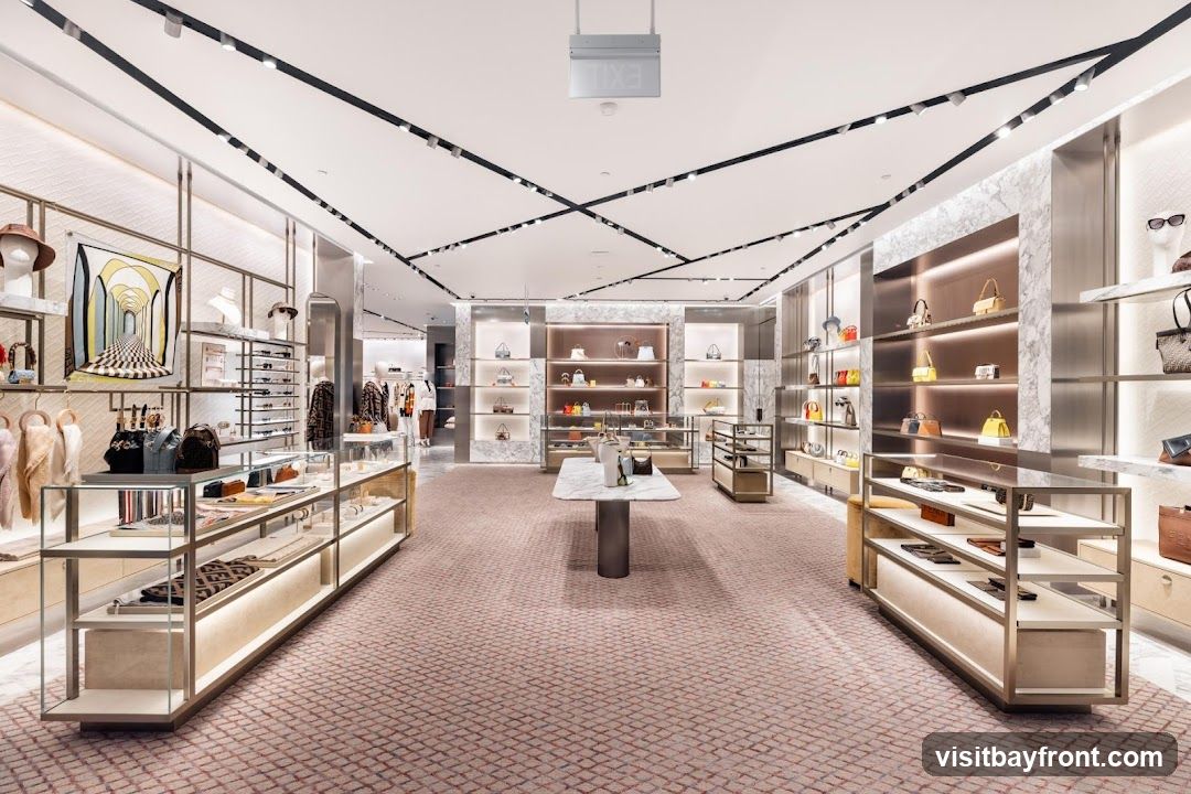A well-lit, spacious luxury retail store interior featuring displays of handbags, accessories, and apparel. The store has a modern and elegant design with marble accents, polished metal fixtures, and soft lighting. Shelves are stocked with various designer handbags in different colors and styles. Mannequins display fashionable clothing. A patterned carpet covers the floor. An exit sign is visible on the ceiling.