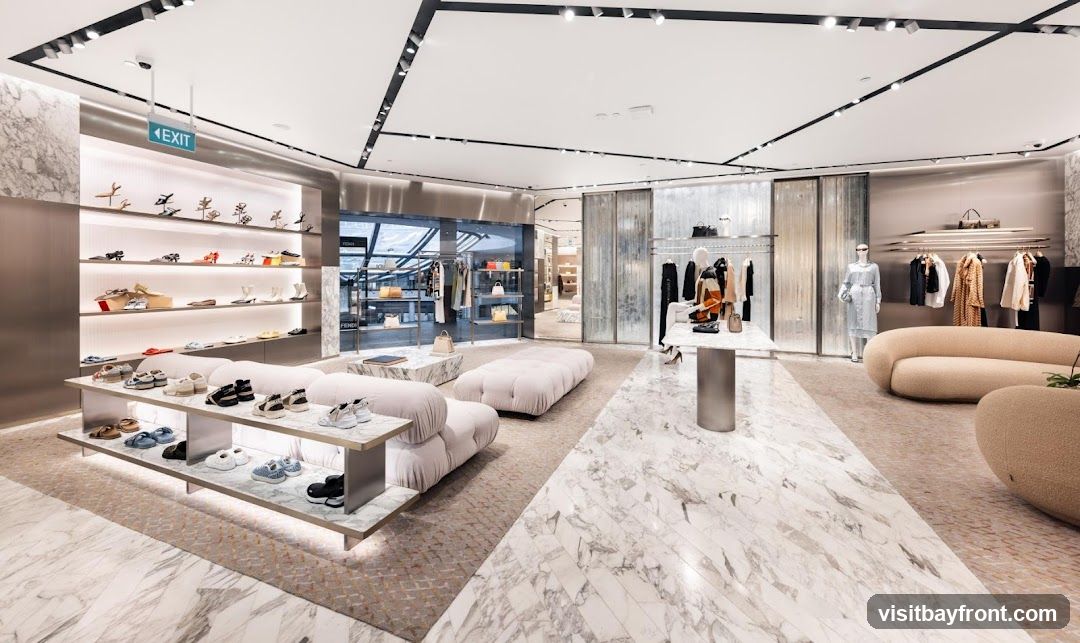 The interior of a high-end retail store, likely a fashion boutique, is showcased. The space features marble flooring and walls, with sleek metal accents. Displays are organized with shelves showcasing footwear and handbags. Mannequins are dressed in designer clothing, and racks of apparel are neatly arranged. Plush seating areas with curved sofas and ottomans are strategically placed for customer comfort. An "EXIT" sign is visible, indicating a functional aspect of the store layout. The overall aesthetic is modern, minimalist, and luxurious.