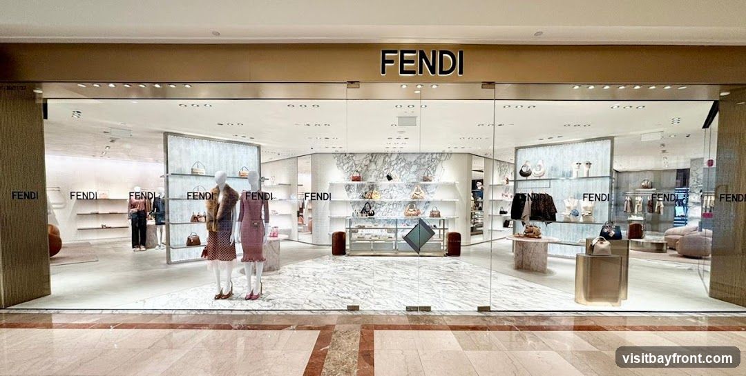 The exterior of a Fendi store with large glass doors and windows. The Fendi logo is prominently displayed above the entrance. Inside, mannequins are dressed in clothing and display handbags. Shelves are stocked with various Fendi accessories and bags. The interior features marble accents and modern display furniture.