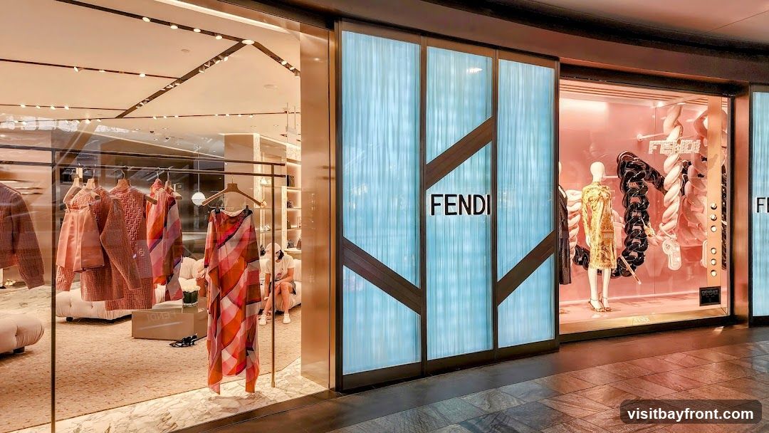 The exterior of a Fendi store with large display windows. The Fendi logo is visible on a frosted glass panel. Inside, mannequins are dressed in designer clothing, and racks of apparel are displayed.