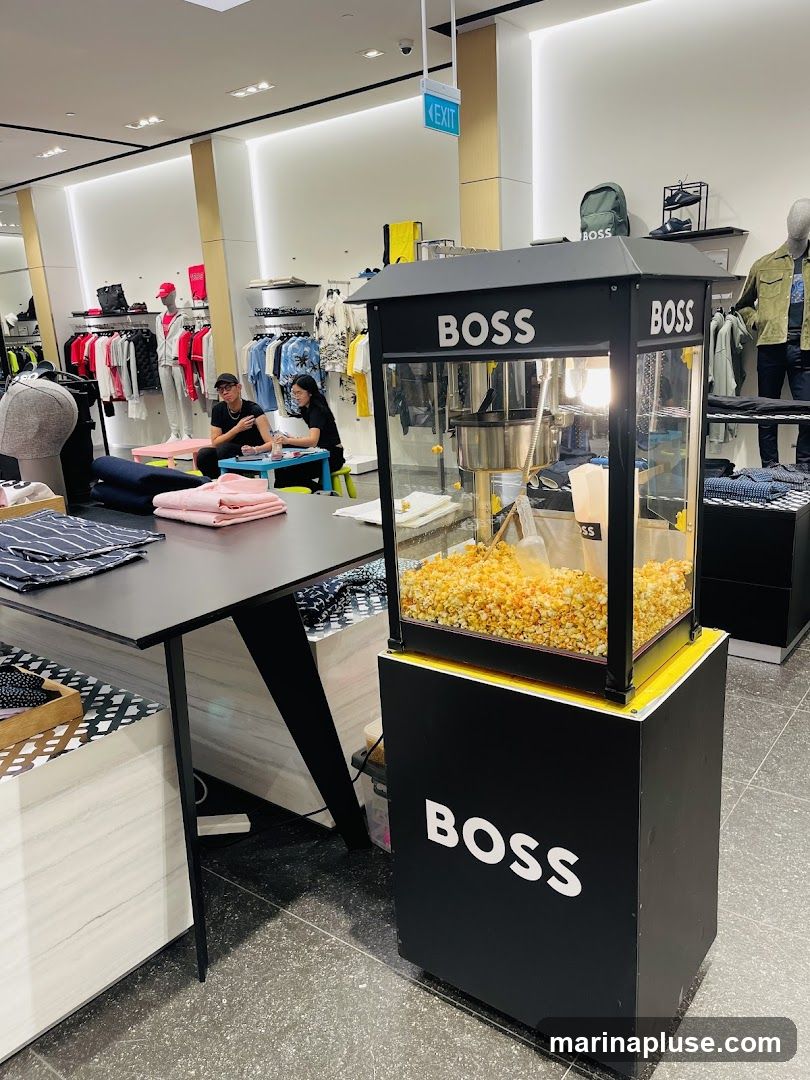A popcorn machine with the BOSS logo is prominently displayed in a retail store. The machine is filled with popcorn and appears to be in operation. In the background, racks of clothing are visible, along with mannequins dressed in apparel. Two people are seated at a small table in the middle ground, possibly customers or staff. An exit sign is visible on the ceiling.
