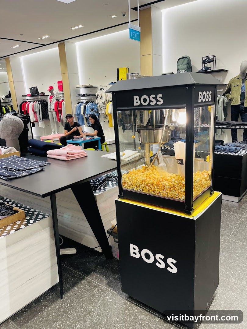 A popcorn machine with the BOSS logo is prominently displayed in a retail store. The machine is filled with popcorn and appears to be in operation. In the background, racks of clothing are visible, along with mannequins dressed in apparel. Two people are seated at a small table in the middle ground, possibly customers or staff. An exit sign is visible on the ceiling.