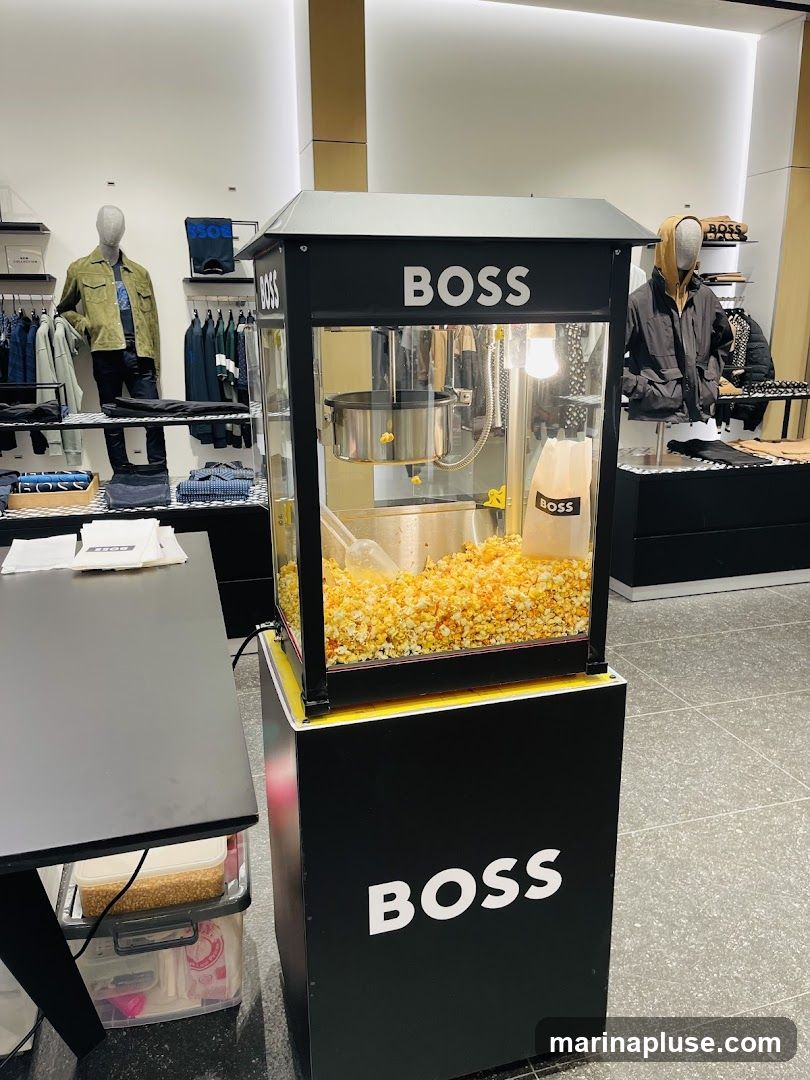 A popcorn machine with the BOSS logo is placed in a retail store. The machine is filled with popcorn, and a bag with the BOSS logo is visible. In the background, mannequins are displayed wearing BOSS clothing, and racks of apparel are visible.