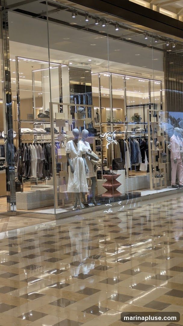 A well-lit store window display featuring mannequins dressed in fashionable clothing. The display showcases a variety of apparel, including dresses, suits, and casual wear, arranged on shelves and racks. The storefront has a modern aesthetic with glass panels and reflective surfaces.