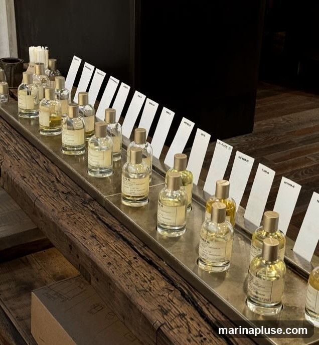 A display of various perfume bottles arranged on a metal shelf with white cards behind them. The bottles are clear glass with gold caps and labels. The shelf is placed on a rustic wooden surface.