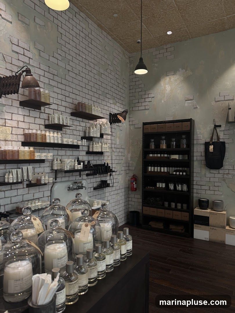 The image shows the interior of a shop with white brick walls and distressed green paint. Shelves are stocked with various bottles and jars, likely containing personal care or home fragrance products. In the foreground, a display features large glass-domed candles and smaller perfume bottles. A tall black shelving unit stands against the back wall, also filled with products. The flooring is dark wood.