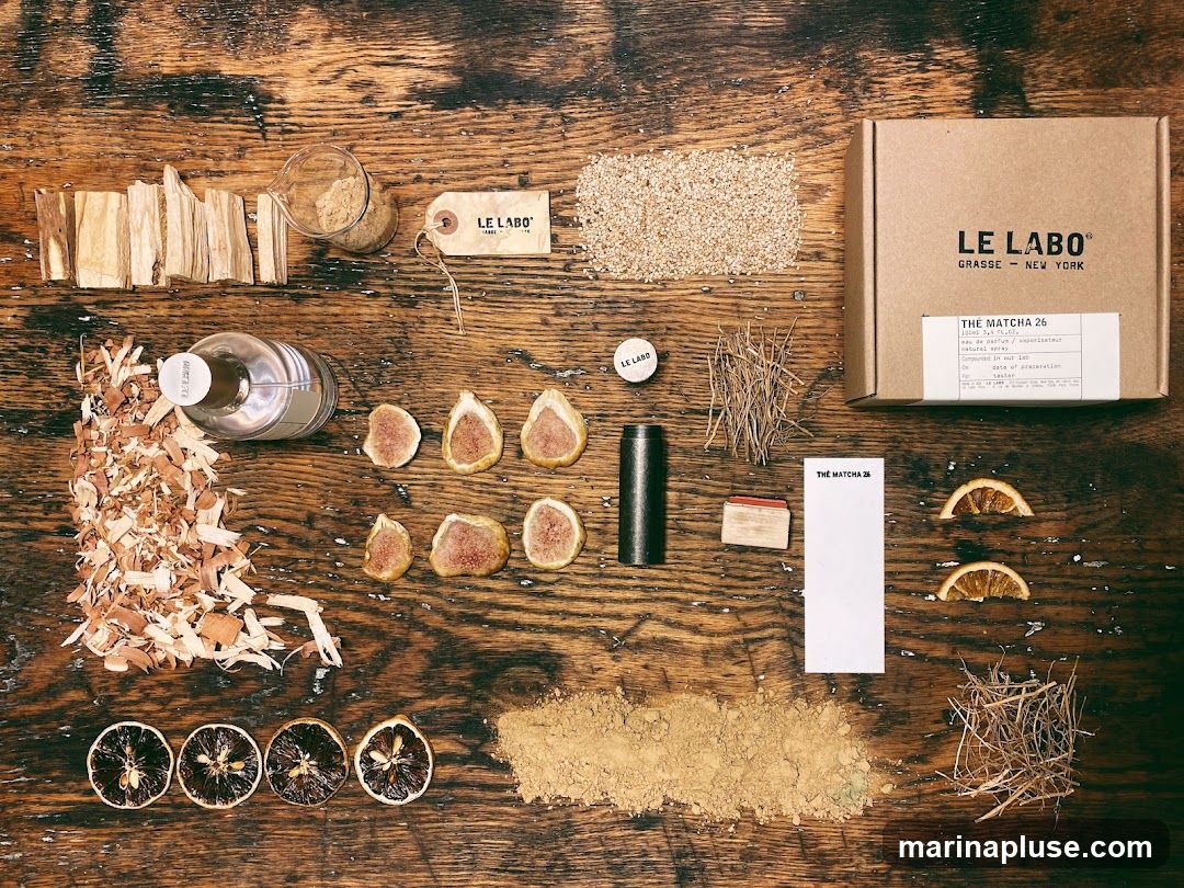 A flat lay of ingredients and packaging for Le Labo's The Matcha 26 fragrance. Items include wood chips, dried figs, dried orange slices, various powders and grains, a glass bottle, a small metal container, a stamp, and a cardboard box with the product label. The Le Labo logo is visible on a tag, a small round item, and the product box.