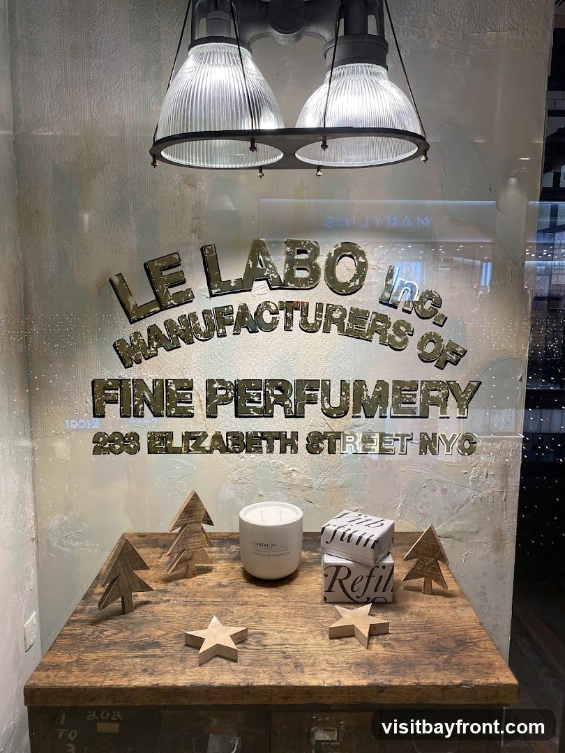 A window display for Le Labo, featuring the company name and address on the glass. The display includes a white candle labeled SANTAL 26, two boxes with the word "Refil" printed on them, and several wooden decorative items shaped like trees and stars. Two industrial-style lamps hang above the display.